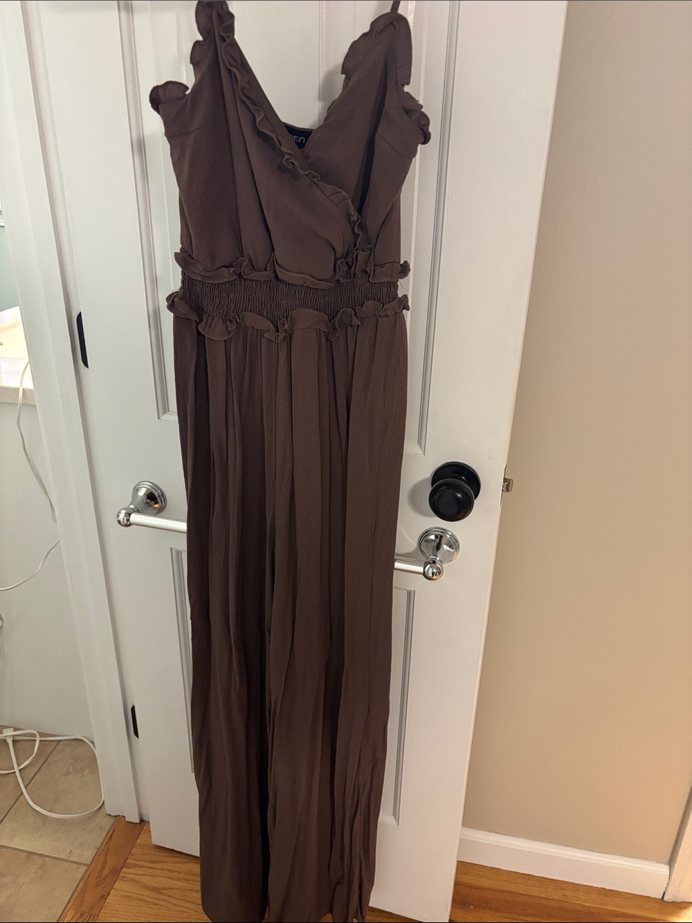 Arden B Brown Ruffle-Trim Wide-Leg Jumpsuit